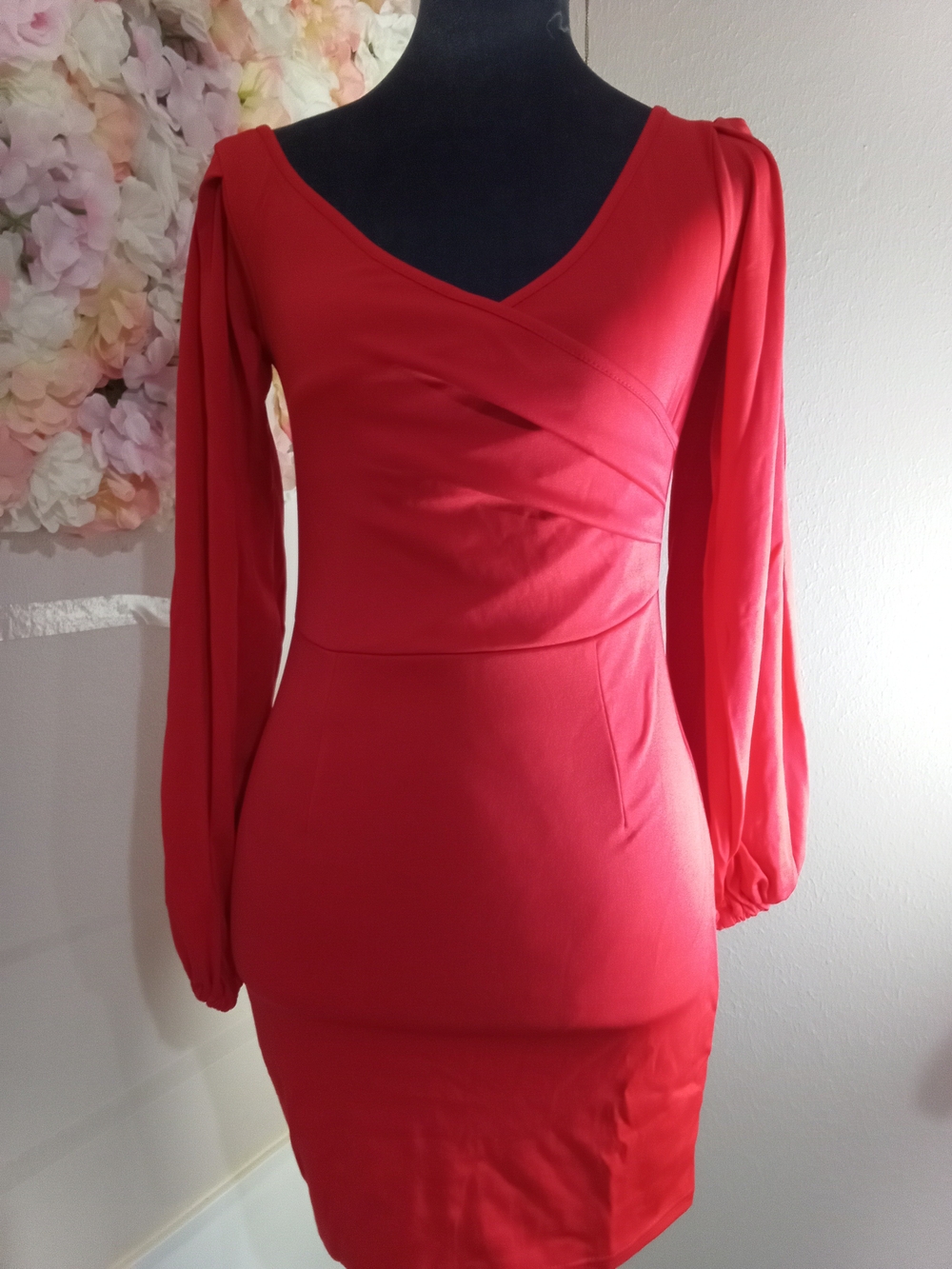 SHEIN Red Long-Sleeve V-Neck Mini Dress